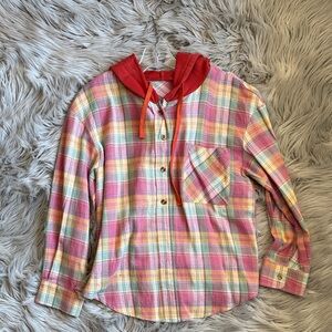 Juniors Plaid Hooded Button-Up Shirt